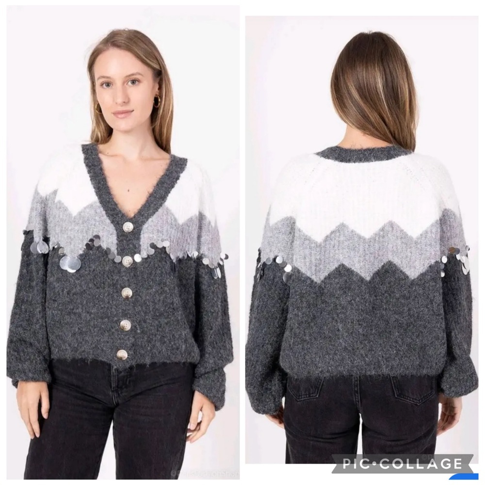 Lizette Collection Chic Gray & White Large Sequin Women's Cardigan Size Large